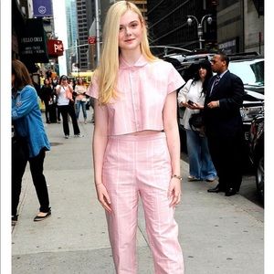 Pink Striped Crop Top and High-Waist Trousers Set - Women's Two-Piece